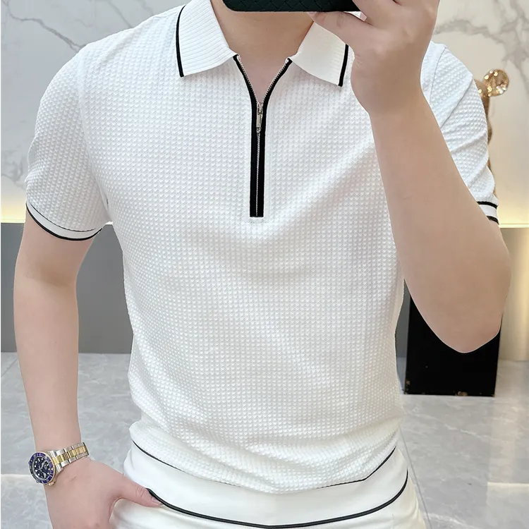2025夏季新款欧货时尚薄款翻领短袖拉链衫修身帅气休闲半袖T恤男