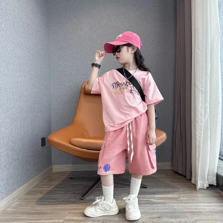 女童夏季时尚休闲工装中裤中大童百搭宽松短袖T恤衫潮