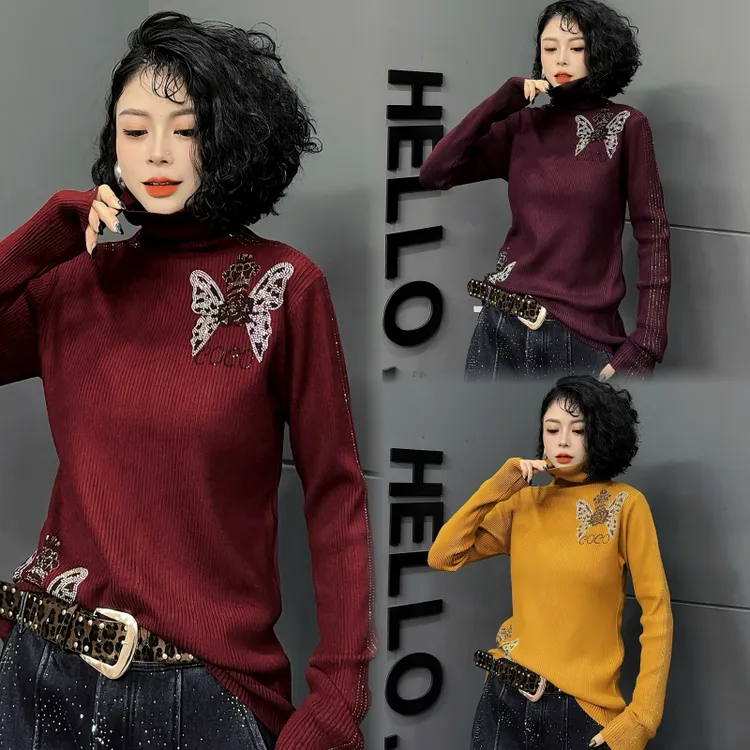 【亿火】网红打底衫半高领T恤潮流女针织烫钻毛衣-G237-27400