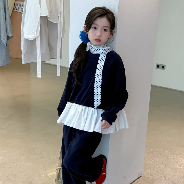 花与寻童装女童套装2025秋季新款韩版上衣拼花边两件套百搭童装潮