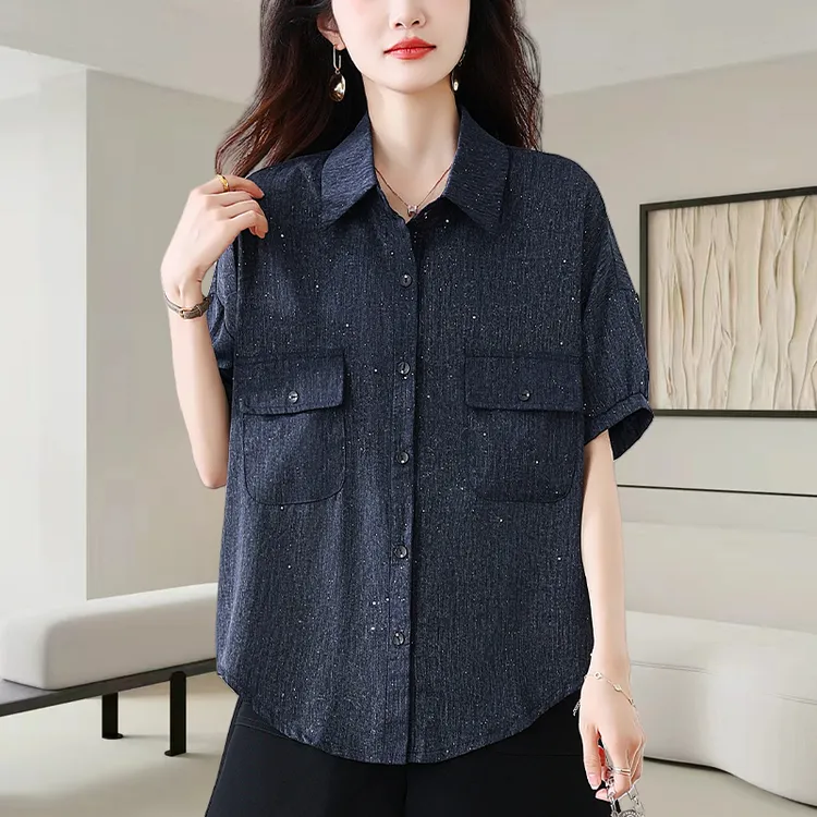 蓝色翻领五分袖衬衫女夏季2025新款洋气减龄宽松休闲显瘦百搭上衣