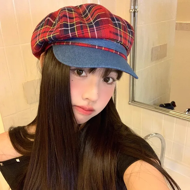 2025新款时尚休闲遮阳报童帽格纹八角帽显脸小牛仔拼色贝雷帽女夏