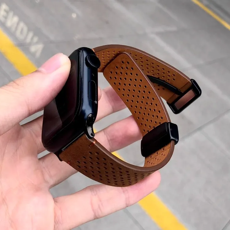 卡容精细透气孔苹果iwatch表带11疯马皮ultra小牛皮折叠磁吸扣987