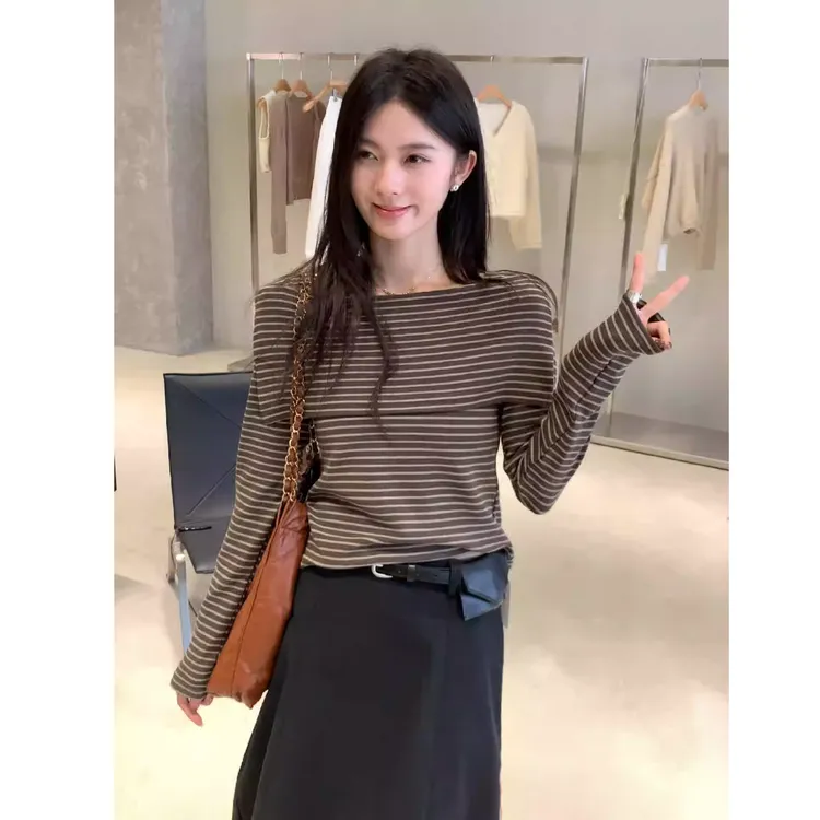 韩系巨好看设计感条纹一字肩上衣女早秋季高级感chic别致长袖T恤