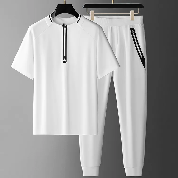 肯梅灵列冰丝短袖夏季薄款潮流凉感长裤休闲跑步速干运动两件套