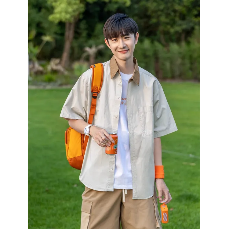 日系撞色复古半袖工装衬衫男生夏季中性宽松短袖速干衬衣百搭衬衣