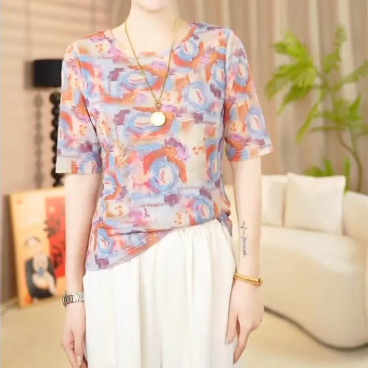 圆领短款修身型千金风休闲风T恤复古百搭印花muji风洋气气质女士