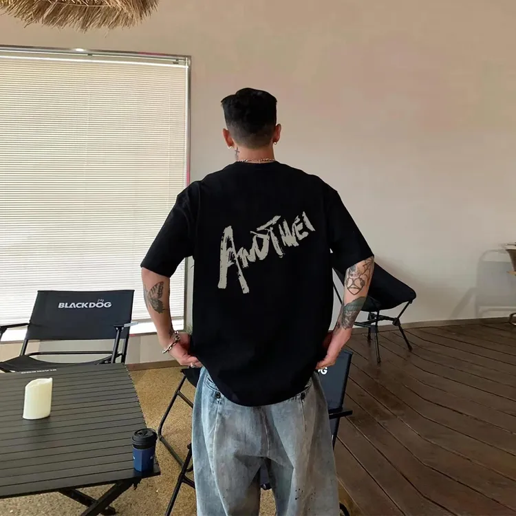 男士重磅纯棉美式潮牌短袖时尚潮流夏季个性渐变字母印花t恤半袖