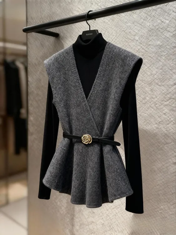 2026春季新款韩版轻熟风穿搭高级感洋气半高领打底衫针织马甲套装