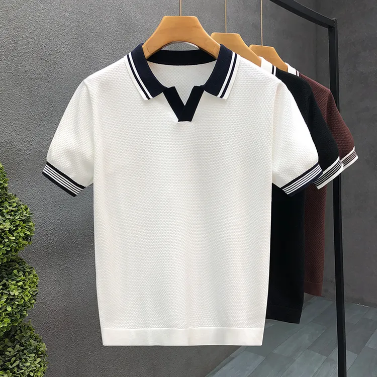 DeweLvum轻商务休闲百搭针织衫短袖t恤男潮翻领时尚半袖毛衣男装