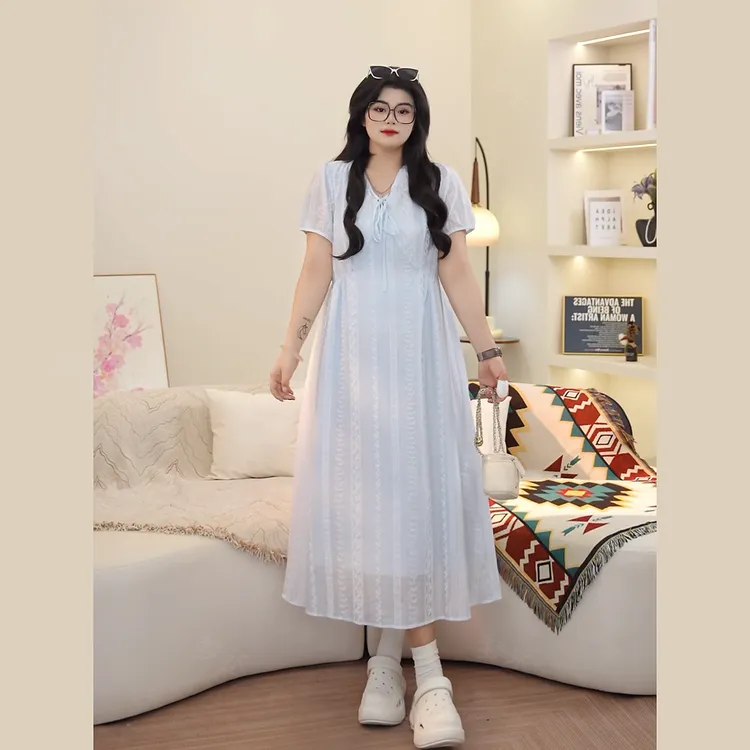 梦丞-大码女装夏季新中式串珠收腰显瘦洋气遮肉短袖连衣裙女