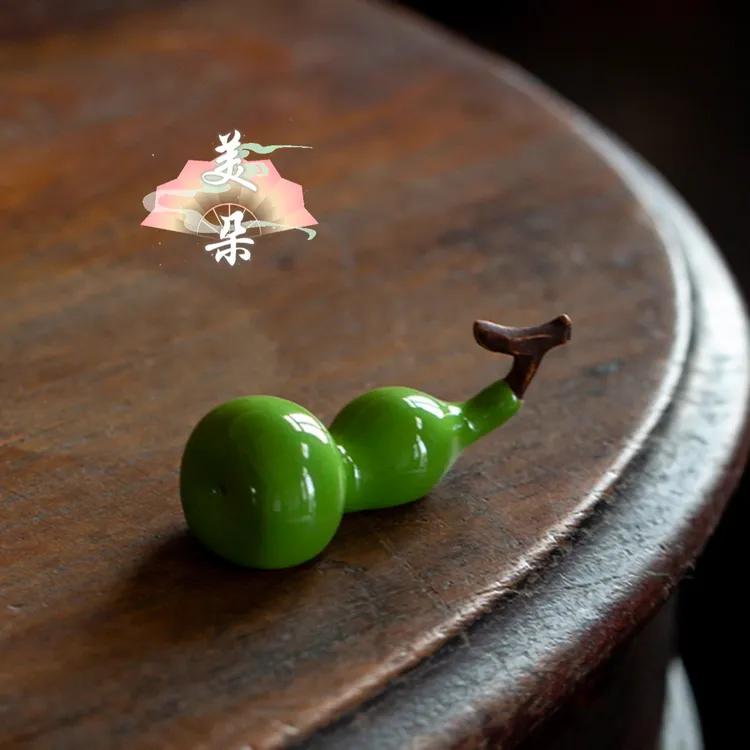 美朵|日式手工陶瓷绿釉小葫芦笔架茶夹茶勺置物架摆件茶道配件
