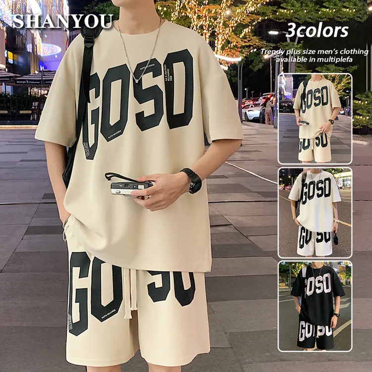 夏季新款冰感休闲运动套装男宽松短袖t恤时尚潮流百搭痞帅两件套