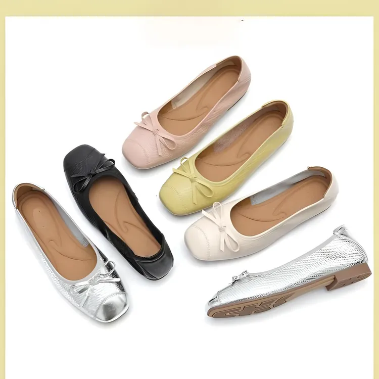 【平底】真皮牛皮一脚蹬方头单鞋洋气百搭浅口蝴蝶结软底软皮豆豆鞋