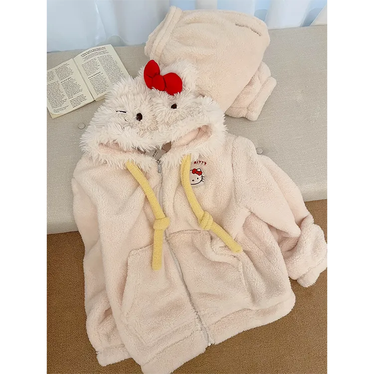 可爱卡通珊瑚绒连帽睡衣女冬季新款加绒加厚毛绒绒家居服爆款套装