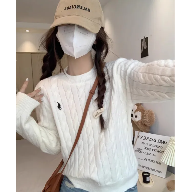 刺绣针织秋季时尚麻花保暖长袖气质套头慵懒风米白色上衣女打底衫