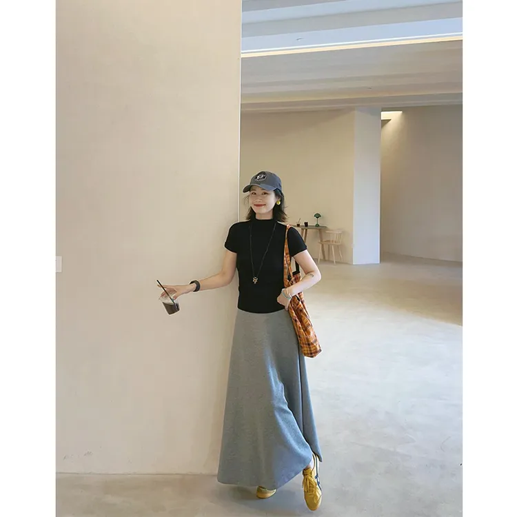 2025夏季中长款高腰显瘦包臀a字长裙女休闲气质百搭灰色半身裙女