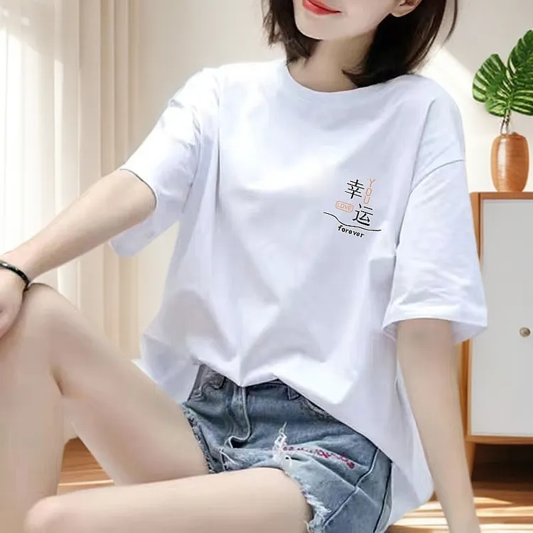 女款爆款2025舒适宽松印花T恤夏季ins印花圆领短袖潮流百搭小衫女