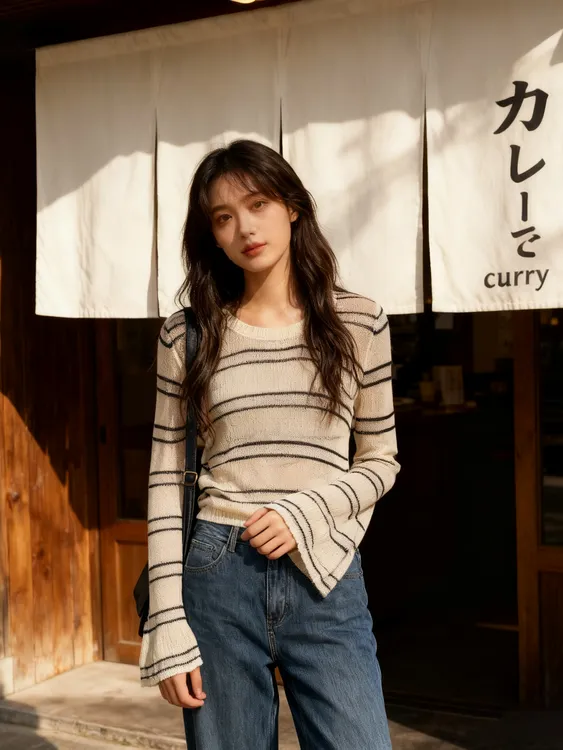 小众设计感条纹圆领针织长袖女新款时尚百搭洋气减龄宽松休闲上衣