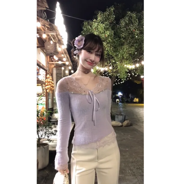 2025秋冬新款时尚纯欲辣妹风蕾丝拼接针织上衣搭高腰显瘦长裤套装