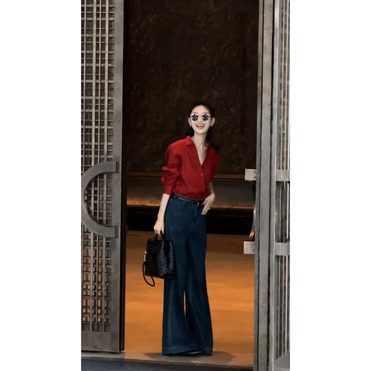 2025夏季新款韩系高级感气质衬衫上衣女百搭显瘦牛仔裤两件套装女