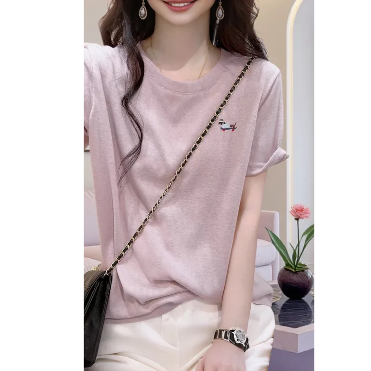 小狗刺绣雪花棉短袖t恤女夏宽松减龄慵懒风简约圆领正肩薄款上衣