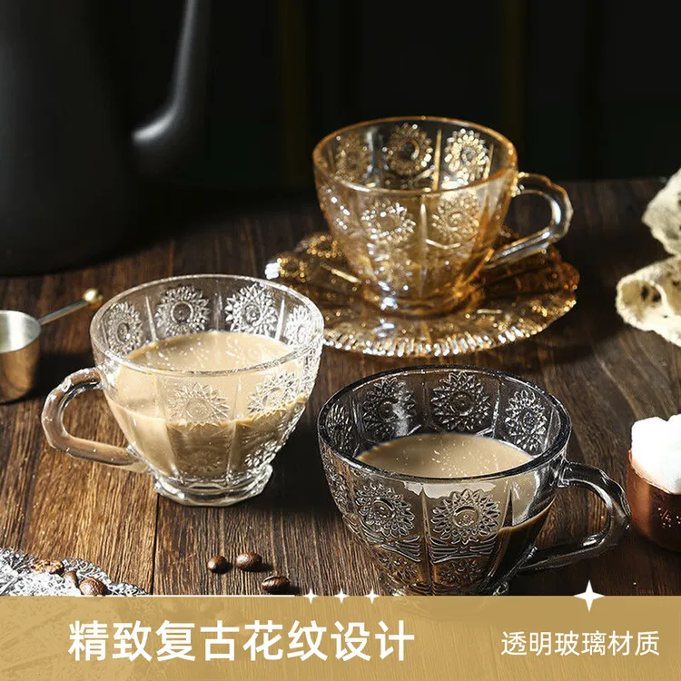 玻璃咖啡杯高颜值复古家用水杯隔热杯子创意耐热咖啡杯子透明花纹