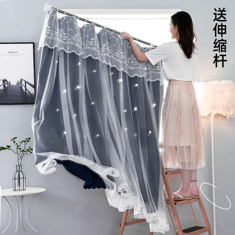 免打孔窗帘伸缩杆安装简易遮光布卧室飘窗隔热防晒带纱2025年新款