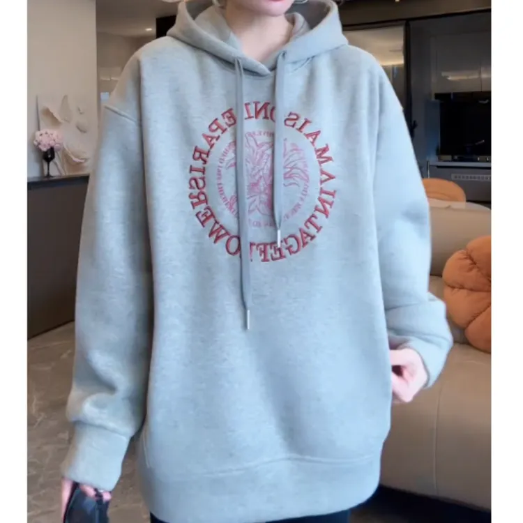 【百合花】秋冬新款加绒加厚连帽印花刺绣帽衫卫衣LK2507870