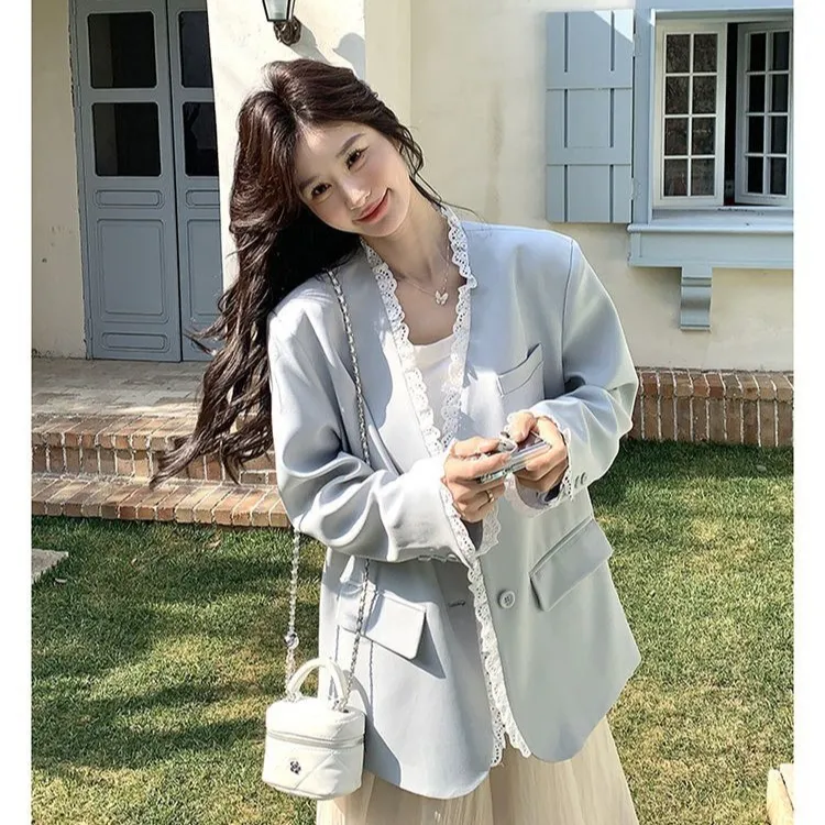 蕾丝花边西装外套女春秋时尚新款蓝色气质名媛西服流行超好看外套