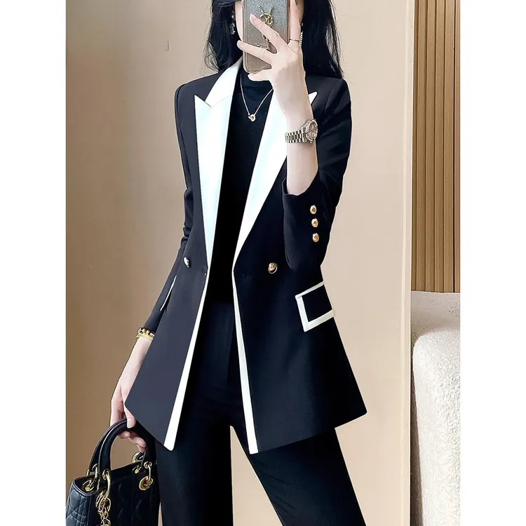 西装外套女黑色设计感小众拼接小西服两件套独特漂亮时尚正装套装