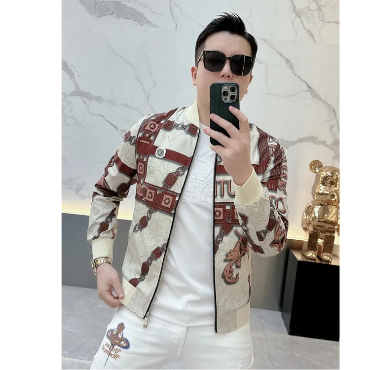 曼库帕秋季欧货潮牌个性印花棒球领夹克男时尚修身百搭薄款外套