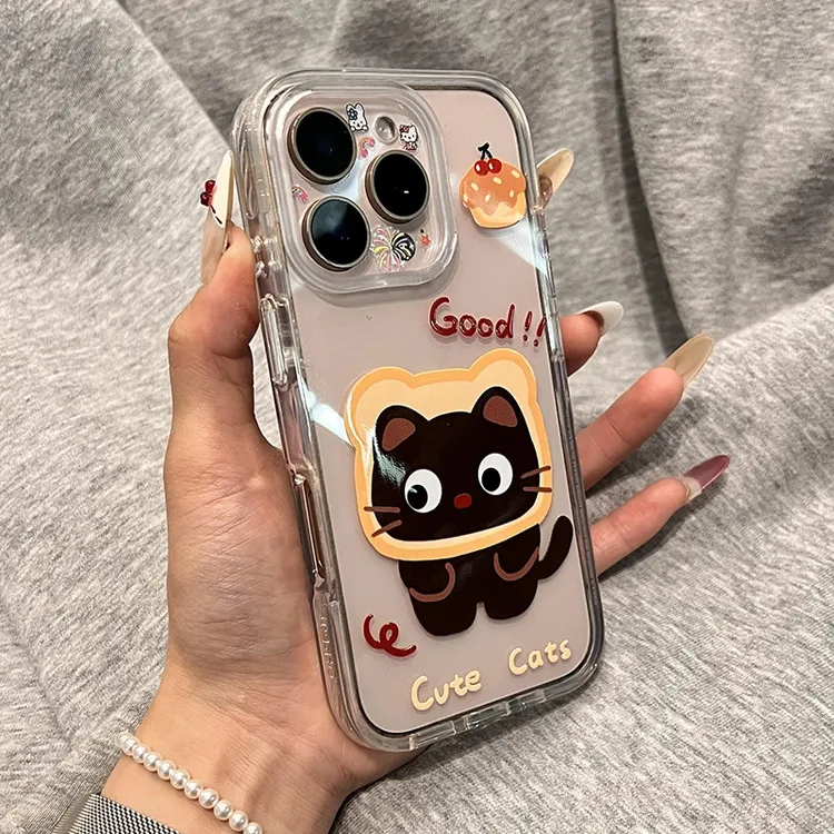 欧克里里吐司边黑猫高透适用苹果16手机壳华为P70vivo小米15oppo