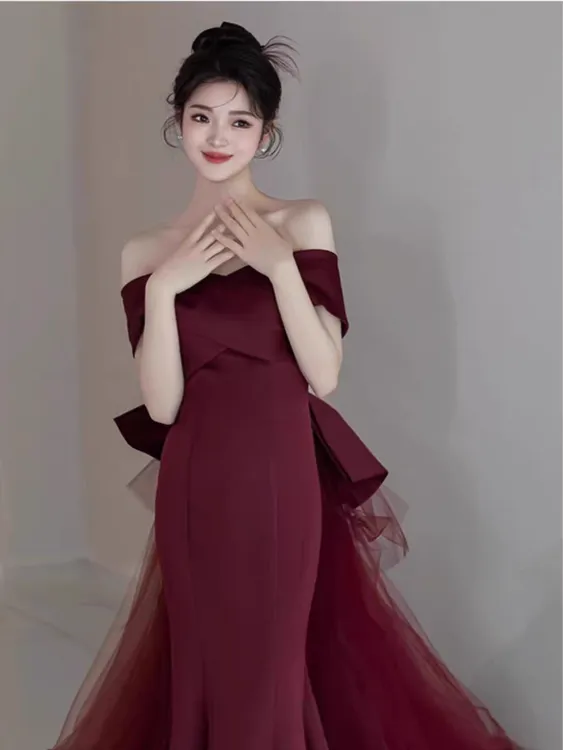 酒红色鱼尾晚礼服女声乐艺考敬酒服新娘订婚裙主持人一字肩轻婚纱