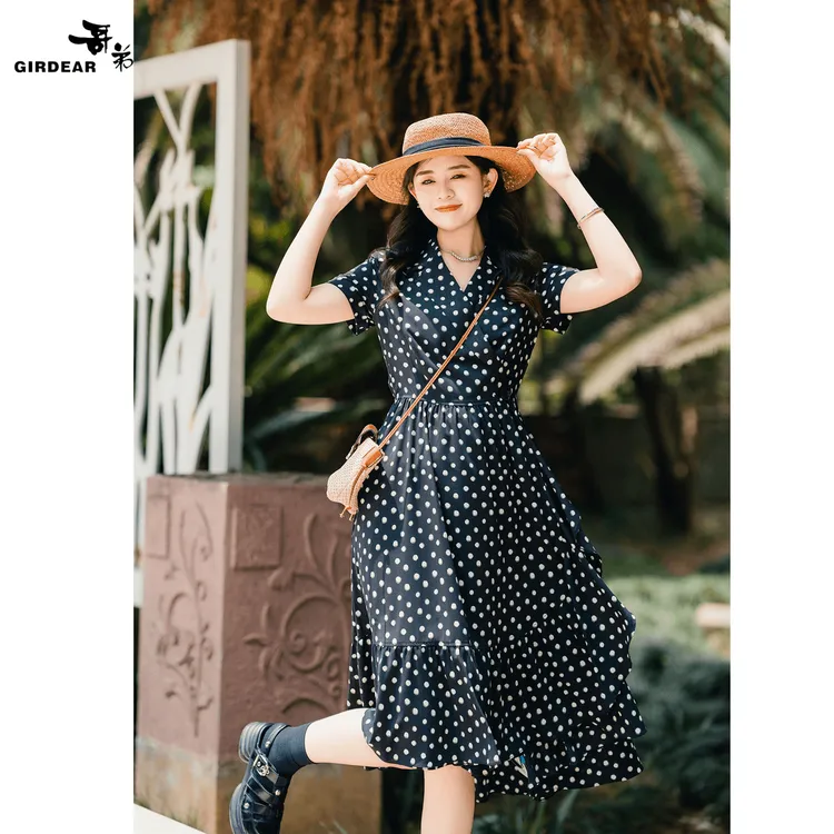 哥弟 经典赫本风翻领短袖茶歐裙1500450