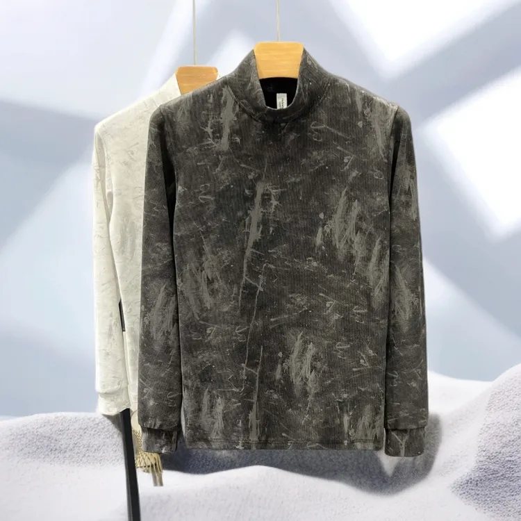 高品质秋冬季男士扎染长袖T恤修身弹力打底衫青年潮流半高领内搭t