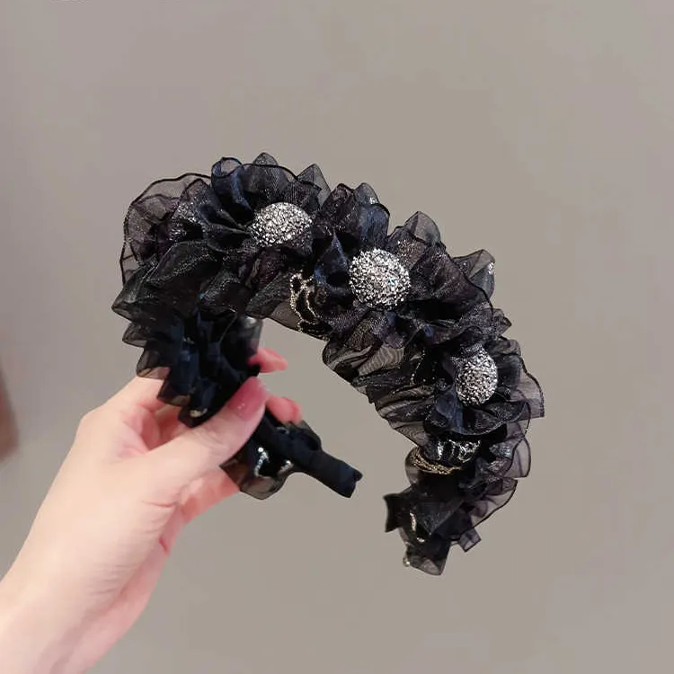 高颅顶蓬松黑色网纱褶皱发箍百搭闪钻发夹高级感显脸小头箍发卡