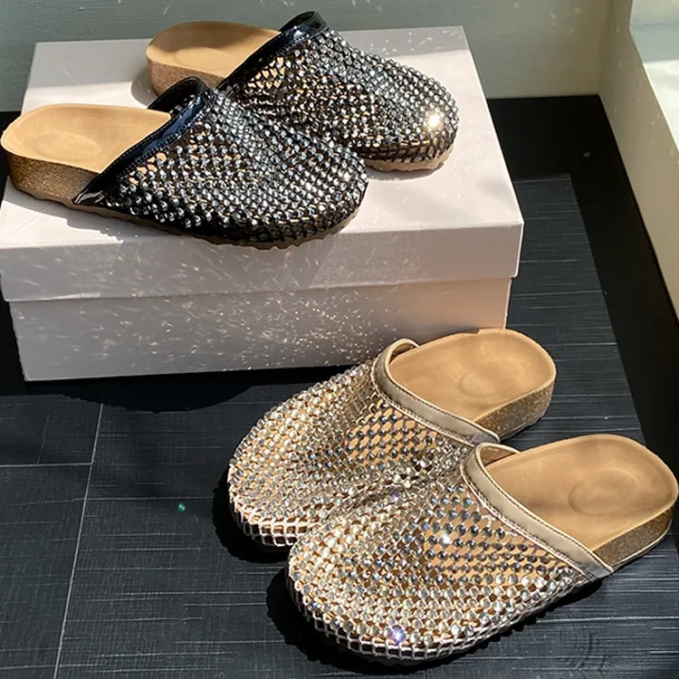 时尚水钻渔网包头凉拖女2025新款夏透气镂空一脚蹬懒人半拖穆勒鞋