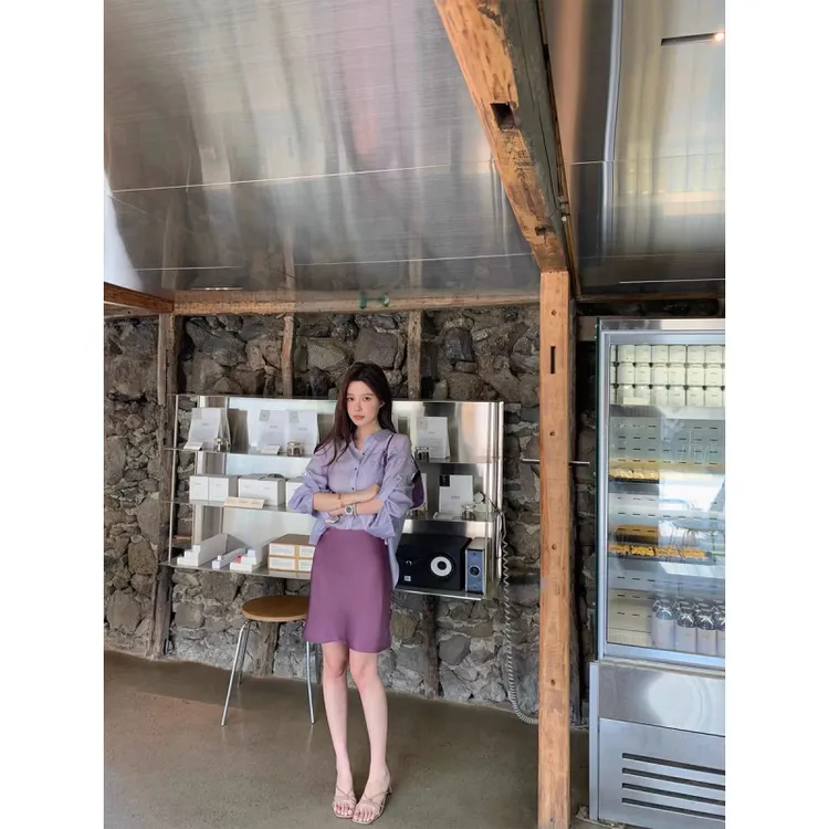 轻熟风高级感时髦洋气紫色时髦长袖衬衫包臀高腰短裙通勤两件套女