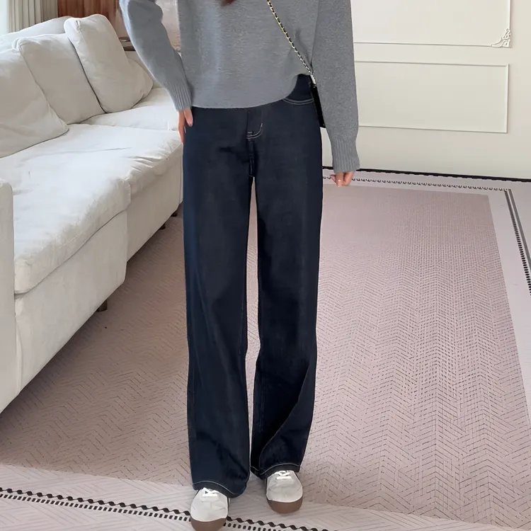 【余欢欢】冬季时尚休闲百搭显瘦植绒保暖直筒牛仔长裤-YHK50403