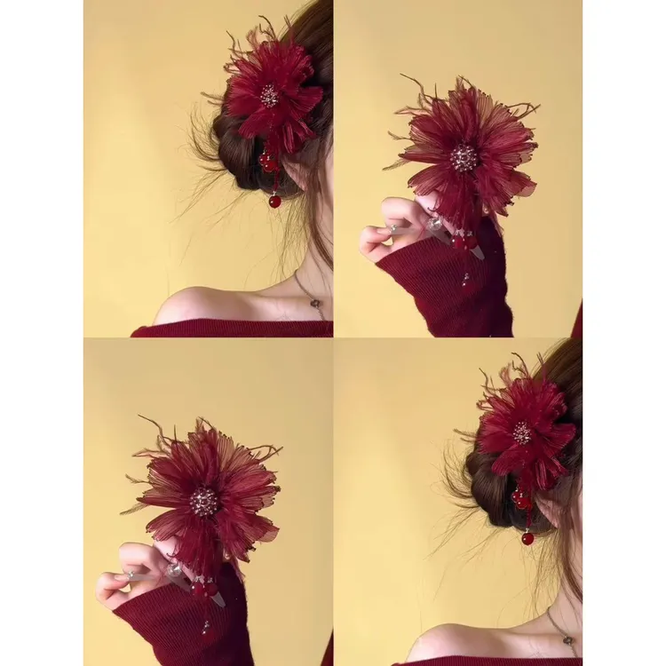 东方美学发饰新中式牡丹花朵发夹中华娘拍照头花人间富贵花侧边夹