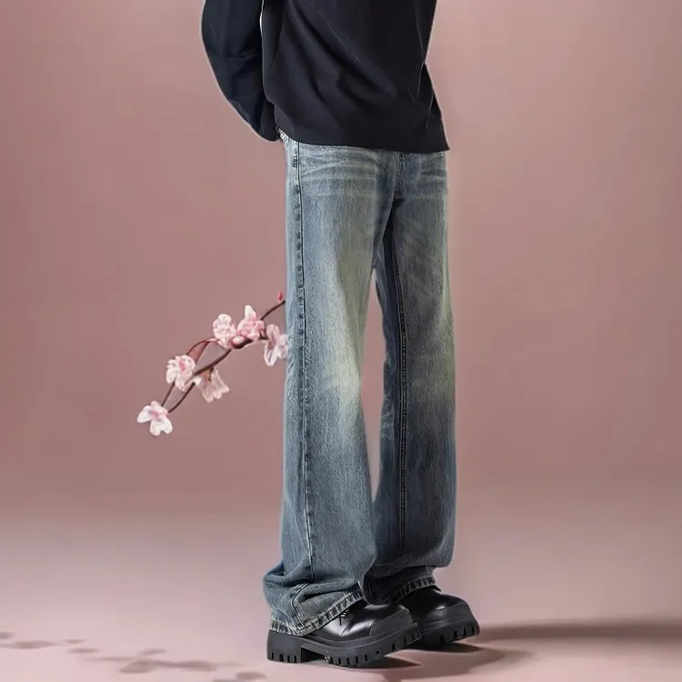 美式复古蓝牛仔裤男新款潮牌宽松cleanfit高个子微喇裤休闲长裤子