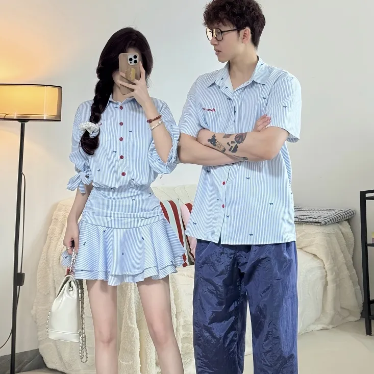 两件装情侣装一裙一衣夏季小众学院风收腰连衣裙女条纹休闲衬衫男