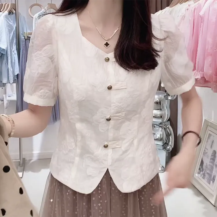 夏季新中式复古盘扣衬衫遮肉减龄清新洋气百搭显瘦上衣