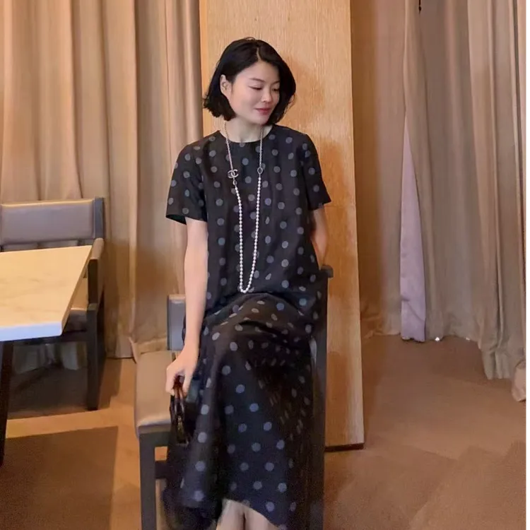 TANTAN  真丝香云纱 气质蓝波点短袖连衣裙2173