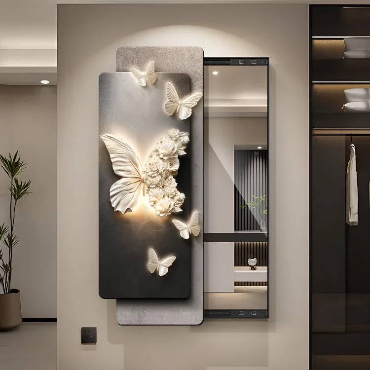 轻奢蝴蝶玄关镜子装饰画入户推拉穿衣镜暗藏式全身镜隐藏壁饰画