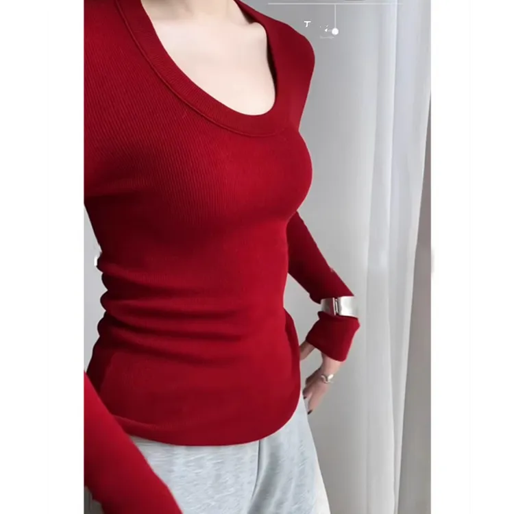 法式软糯U领针织衫女新年红色打底衫欧洲站2025秋冬女装修身内搭