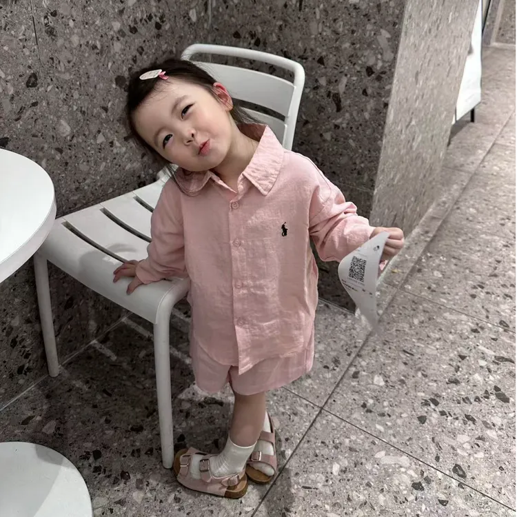 壹妈童装女童时髦套装早秋新款洋气儿童粉色休闲衬衫短裤两件套