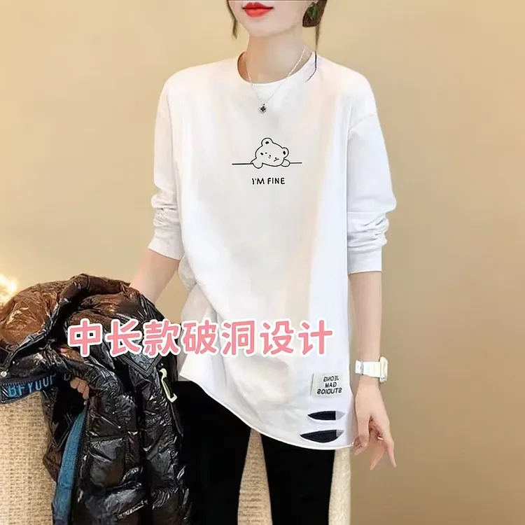 春秋季新款长袖破洞中长款纯棉t恤女遮屁股印花宽松上衣打底衫ins