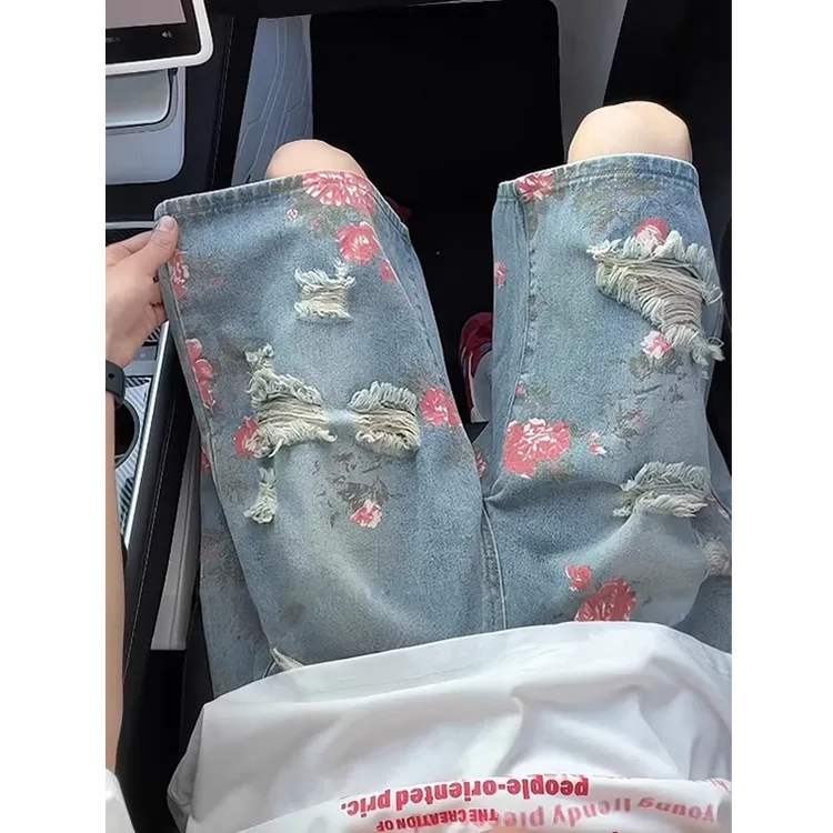 花卉印花破洞牛仔短裤男夏外穿美式高腰中裤大码不过膝四五分裤子